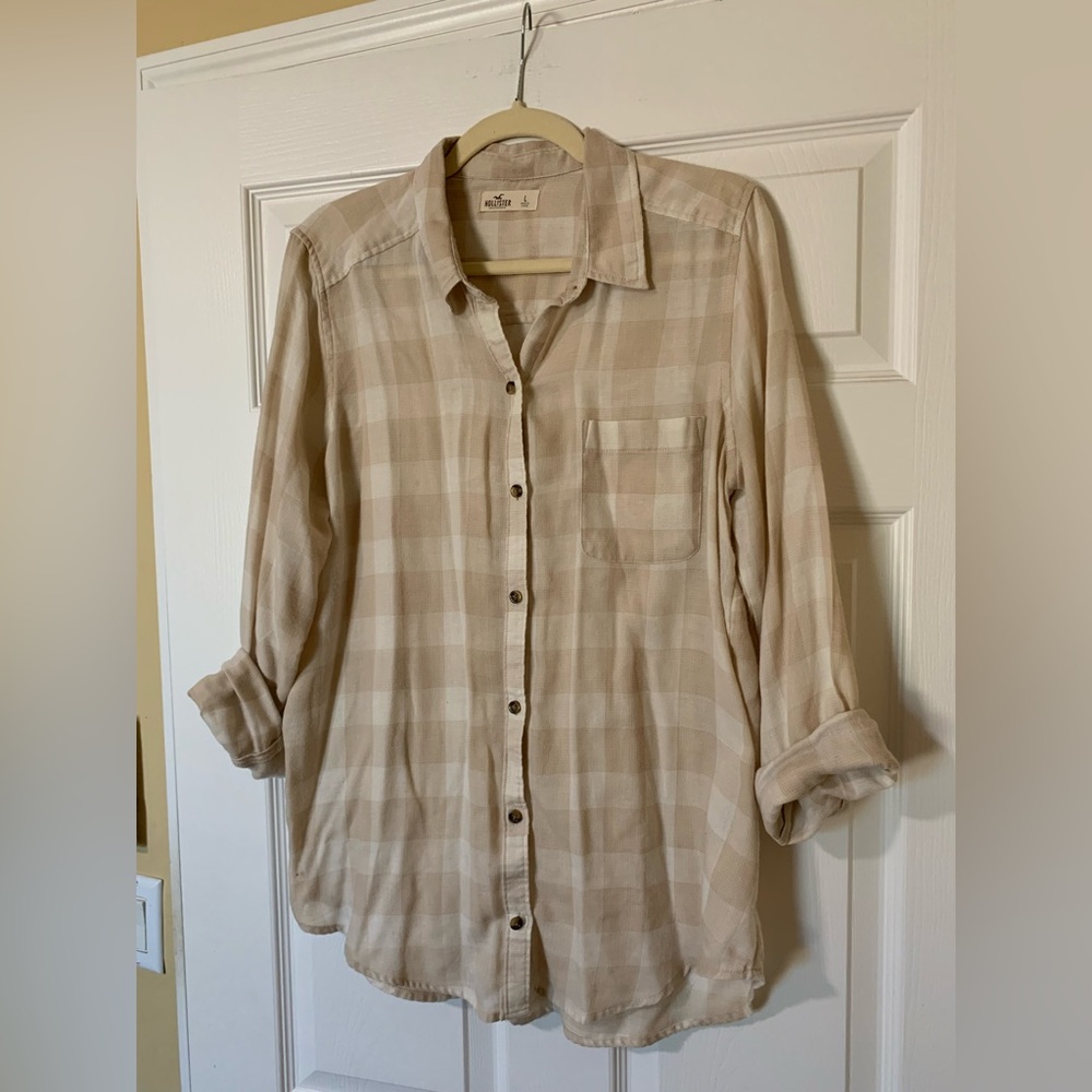 Hollister Light Tan Beige Checkered Long Sleeve Button Up Shirt Large Casual - Picture 6 of 9